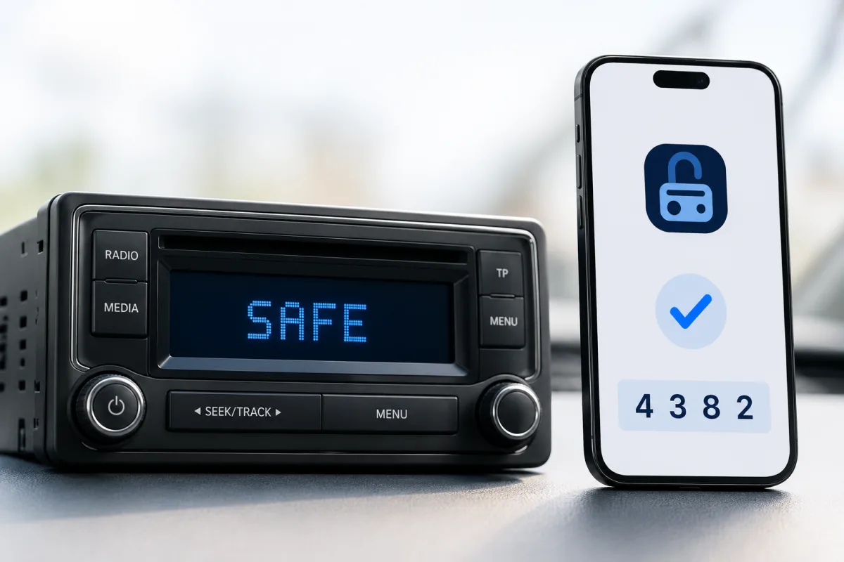 Bilradio med oplåsningskoden vist på en telefon